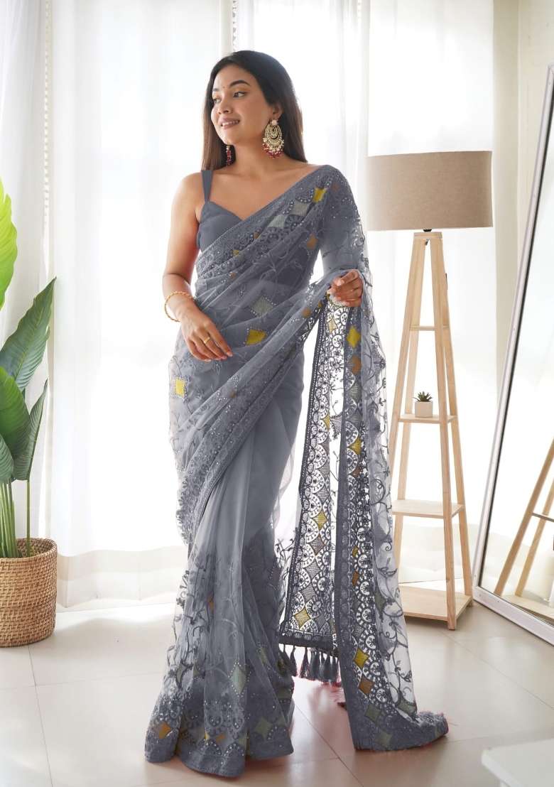 Grey Embroidered Net Saree Set for Diwali and Festive Wear - Indya