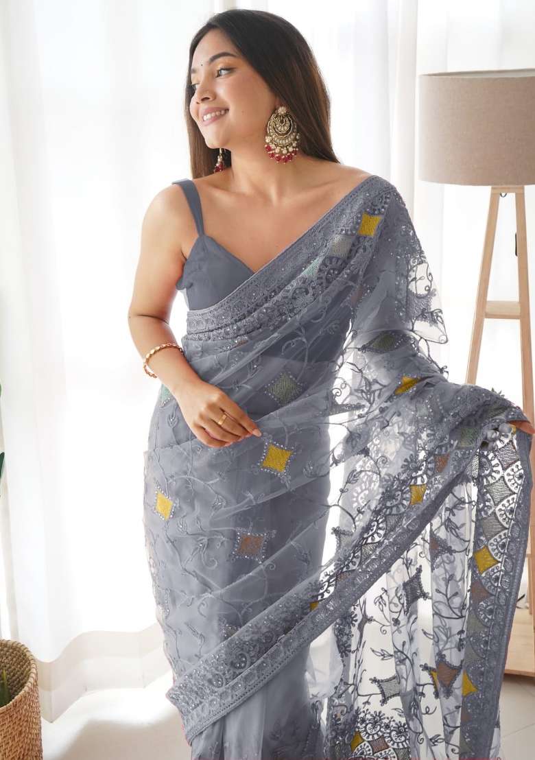 Grey Embroidered Net Saree Set for Diwali and Festive Wear - Indya