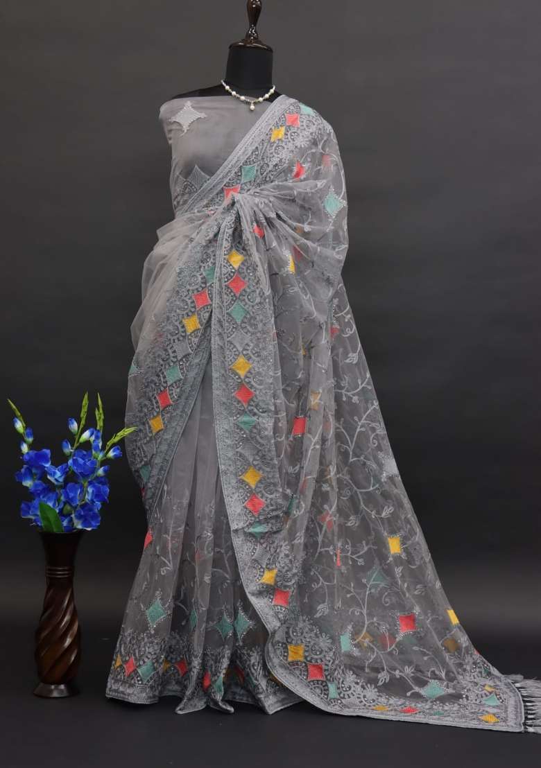 Grey Embroidered Net Saree Set for Diwali and Festive Wear - Indya
