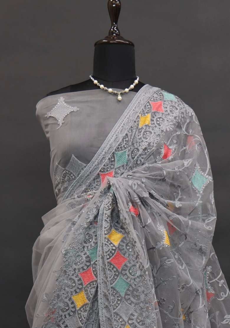 Grey Embroidered Net Saree Set for Diwali and Festive Wear - Indya