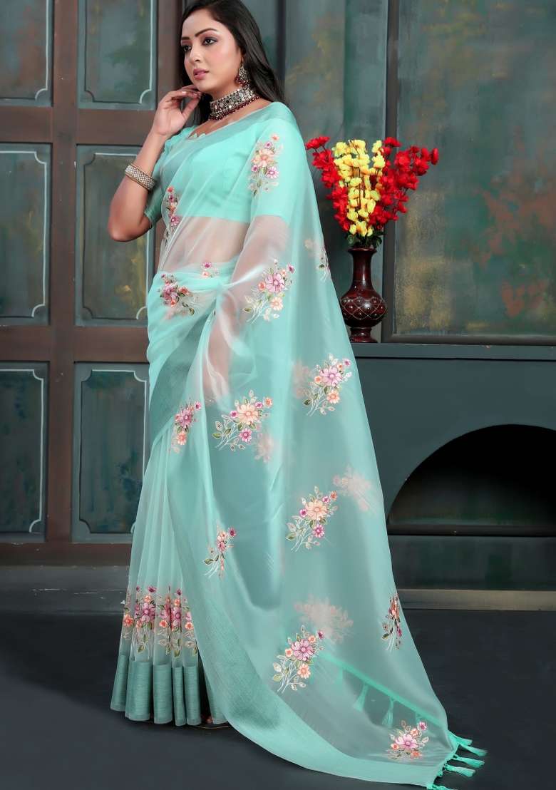 Blue Embroidered Silk Blend Saree Set for Diwali and Festive Wear - Indya