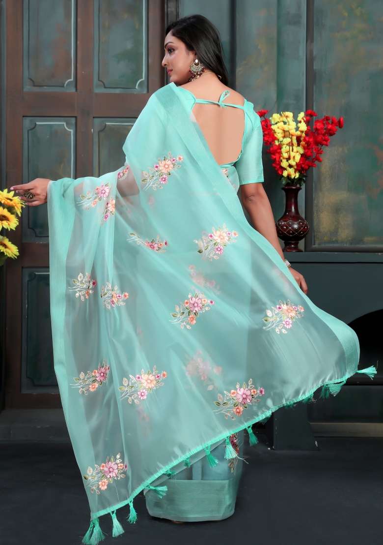 Blue Embroidered Silk Blend Saree Set for Diwali and Festive Wear - Indya