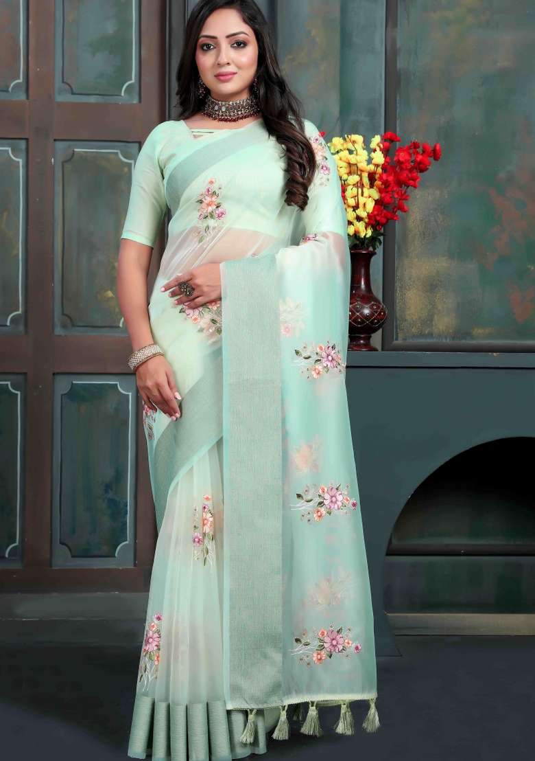 Mint Green Embroidered Silk Blend Saree Set for Diwali and Festive Wear - Indya