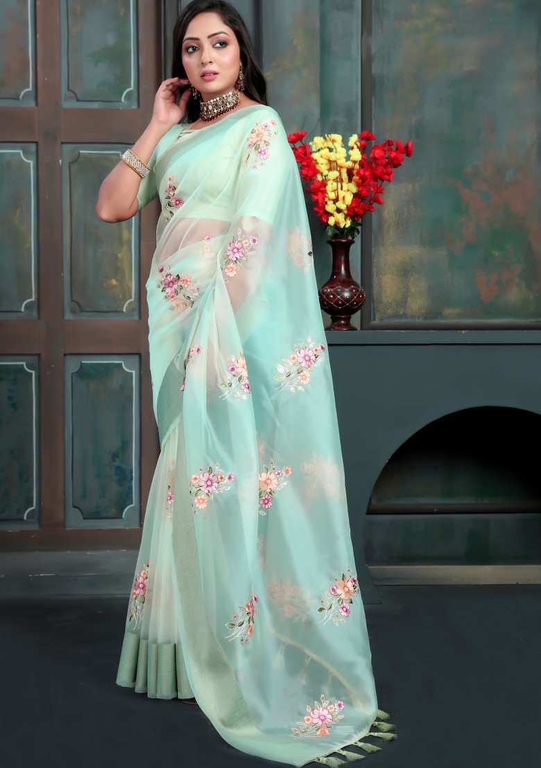Mint Green Embroidered Silk Blend Saree Set for Diwali and Festive Wear - Indya