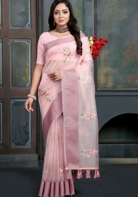 Baby Pink Silk Blend Saree Set with Embroidered for Diwali | Wedding & Festive Wear