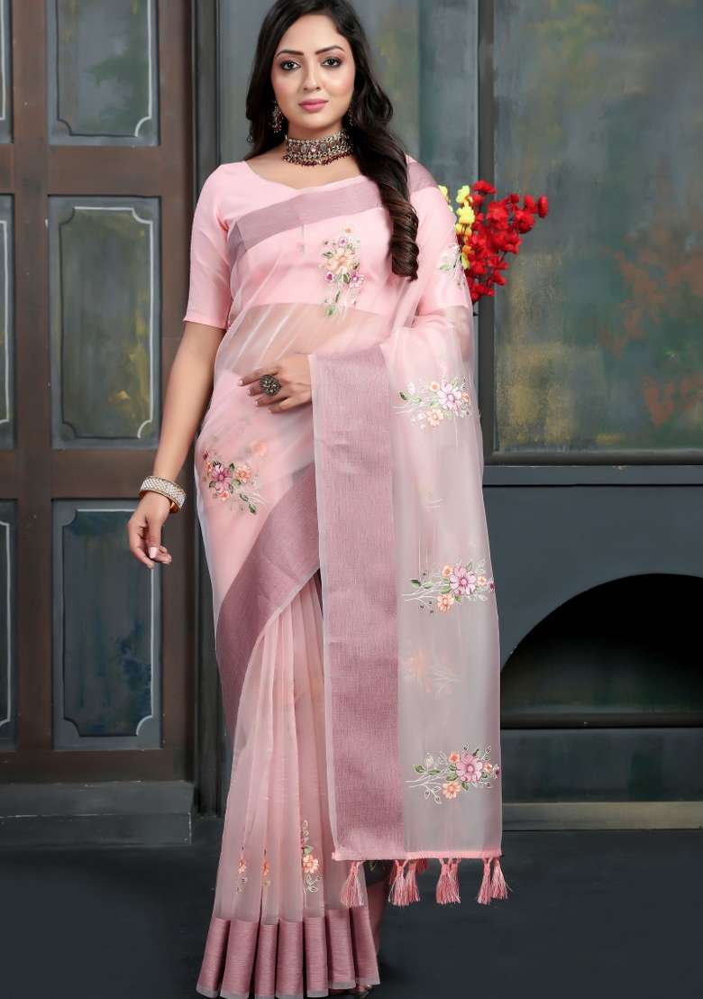 Baby Pink Silk Blend Saree Set with Embroidered for Diwali | Wedding & Festive Wear - Indya