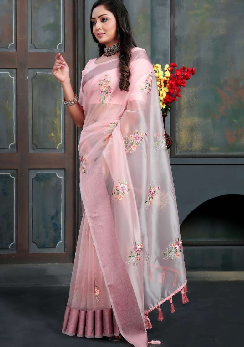 Baby Pink Silk Blend Saree Set with Embroidered for Diwali | Wedding & Festive Wear - Indya