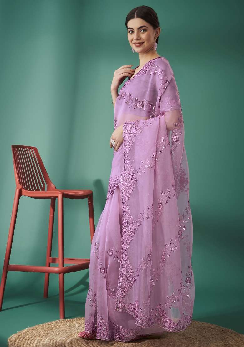 Purple Silk Blend Saree Set with Embroidered for Diwali | Wedding & Festive Wear - Indya