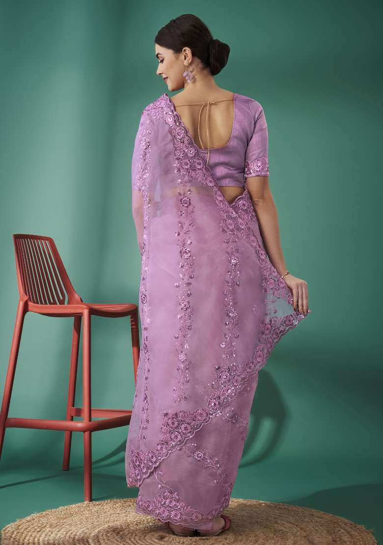 Purple Silk Blend Saree Set with Embroidered for Diwali | Wedding & Festive Wear - Indya