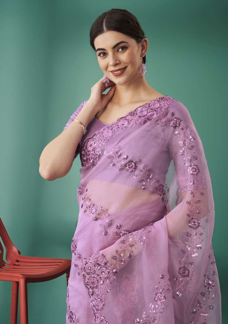 Purple Silk Blend Saree Set with Embroidered for Diwali | Wedding & Festive Wear - Indya