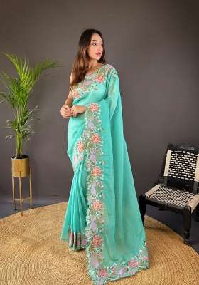 Turquoise Blue Silk Blend Saree Set with Embroidered for Diwali | Wedding & Festive Wear