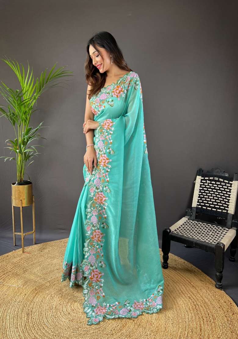 Turquoise Blue Silk Blend Saree Set with Embroidered for Diwali | Wedding & Festive Wear - Indya