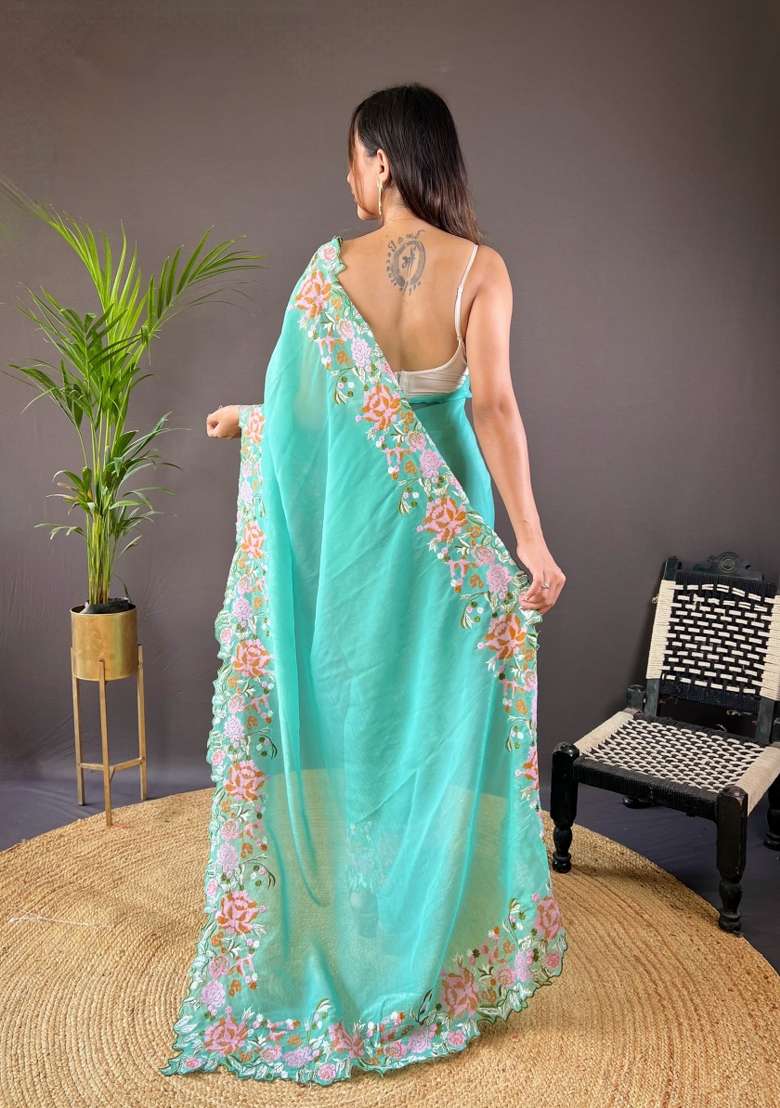 Turquoise Blue Silk Blend Saree Set with Embroidered for Diwali | Wedding & Festive Wear - Indya