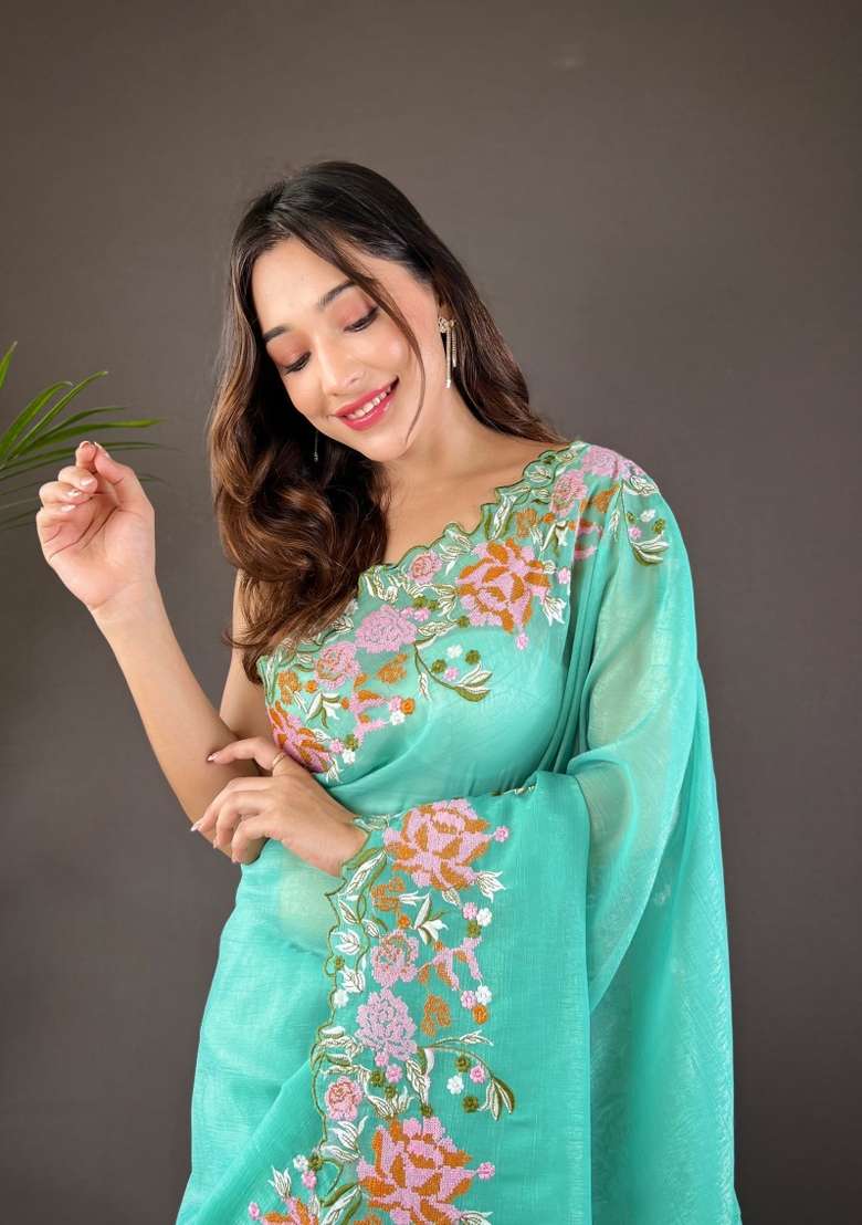 Turquoise Blue Silk Blend Saree Set with Embroidered for Diwali | Wedding & Festive Wear - Indya
