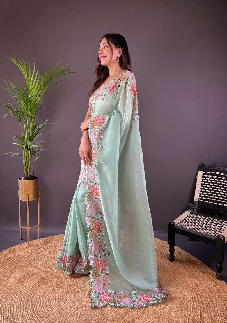 Sea Green Silk Blend Saree Set with Embroidered for Diwali | Wedding & Festive Wear - Indya
