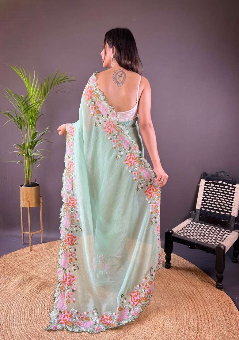 Sea Green Silk Blend Saree Set with Embroidered for Diwali | Wedding & Festive Wear - Indya