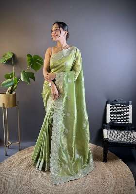Green Embroidered Silk Blend Saree Set for Diwali and Festive Wear