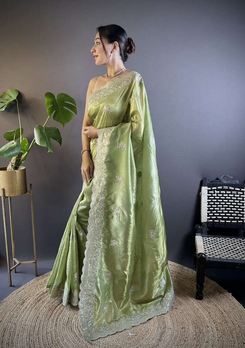 Green Embroidered Silk Blend Saree Set for Diwali and Festive Wear - Indya