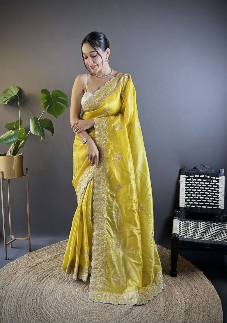 Yellow Silk Blend Saree Set with Embroidered for Diwali | Wedding & Festive Wear - Indya