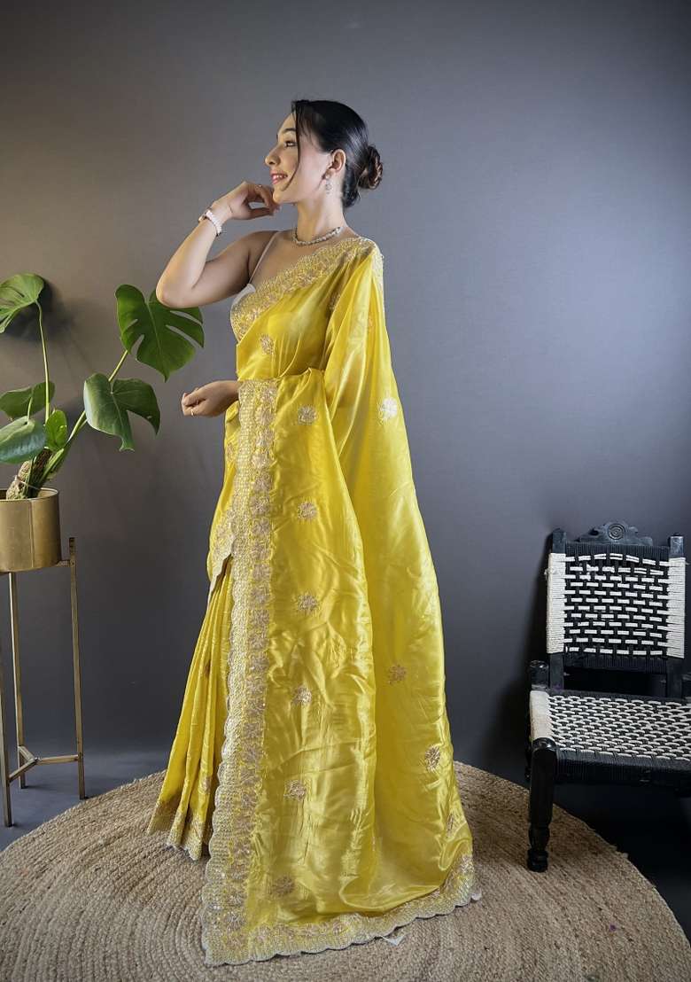 Yellow Silk Blend Saree Set with Embroidered for Diwali | Wedding & Festive Wear - Indya