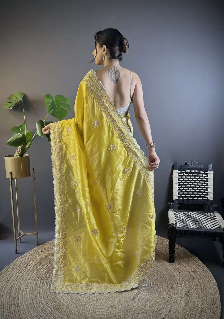 Yellow Silk Blend Saree Set with Embroidered for Diwali | Wedding & Festive Wear - Indya