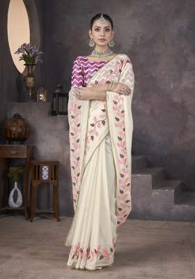 Cream Georgette Saree Set with Embroidered for Diwali | Wedding & Festive Wear