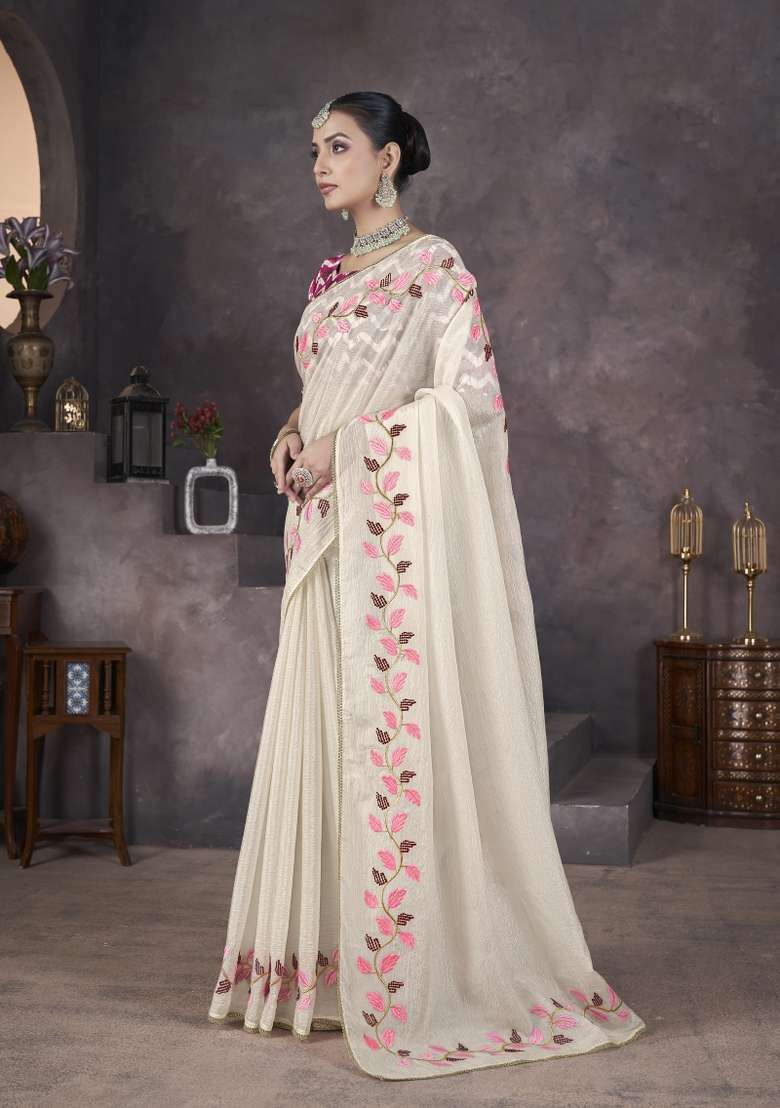 Cream Georgette Saree Set with Embroidered for Diwali | Wedding & Festive Wear - Indya