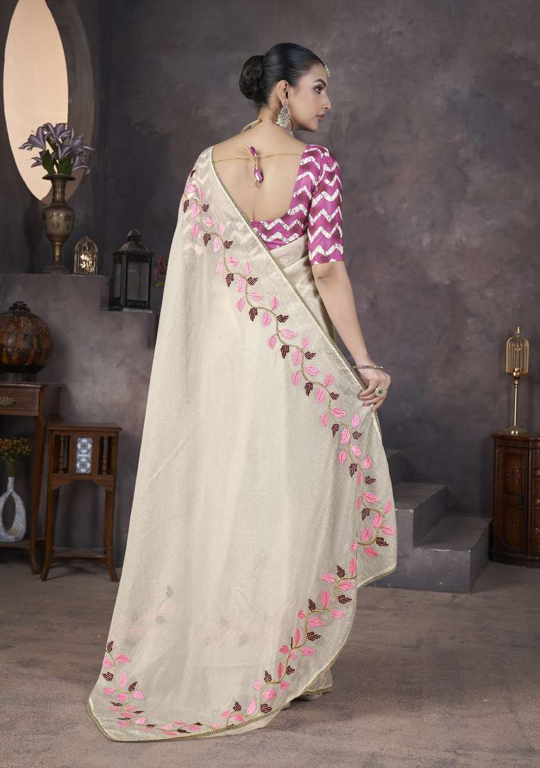 Cream Georgette Saree Set with Embroidered for Diwali | Wedding & Festive Wear - Indya