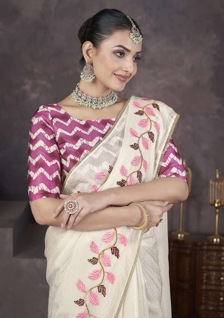 Cream Georgette Saree Set with Embroidered for Diwali | Wedding & Festive Wear - Indya