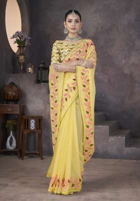 Yellow Embroidered Georgette Saree Set for Diwali and Festive Wear