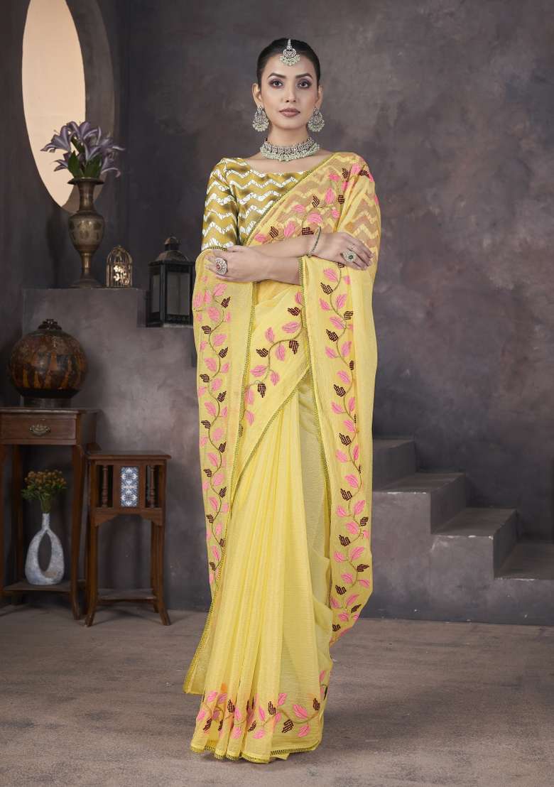 Yellow Embroidered Georgette Saree Set for Diwali and Festive Wear - Indya