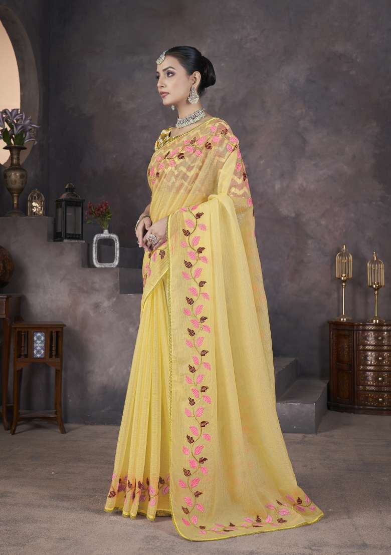 Yellow Embroidered Georgette Saree Set for Diwali and Festive Wear - Indya