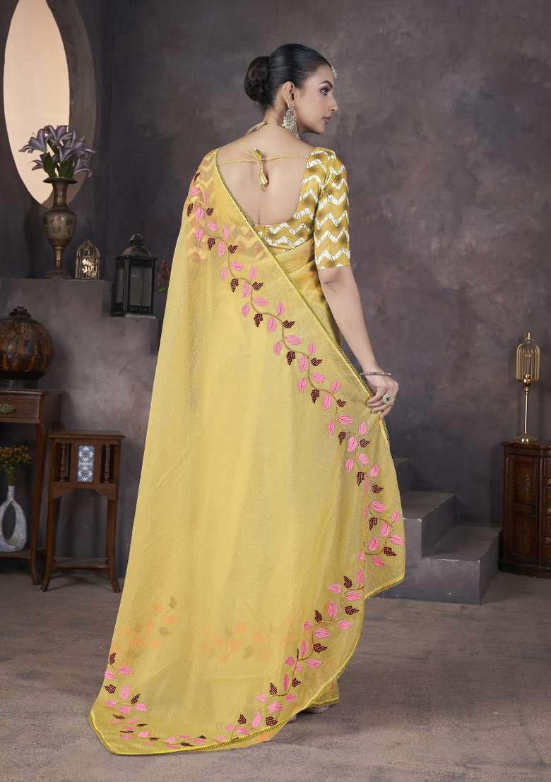 Yellow Embroidered Georgette Saree Set for Diwali and Festive Wear - Indya