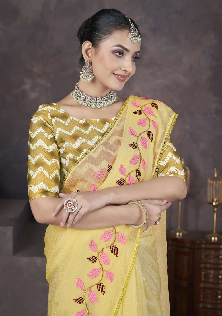 Yellow Embroidered Georgette Saree Set for Diwali and Festive Wear - Indya