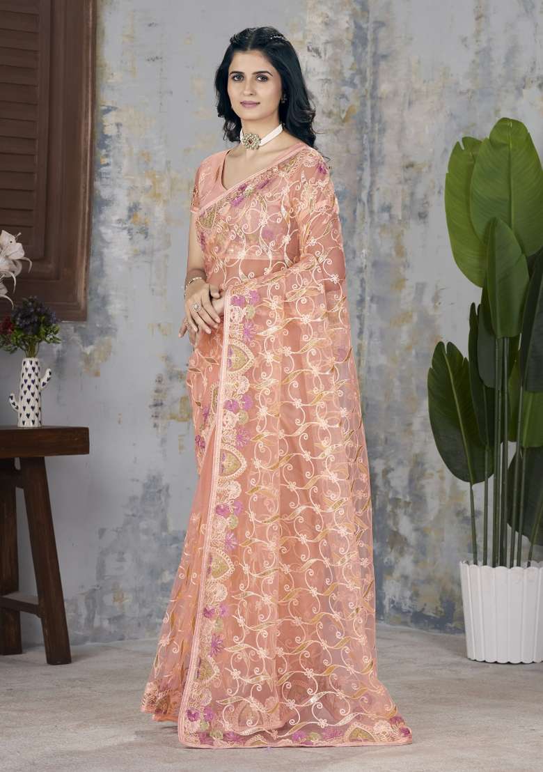 Peach Net Saree Set with Embroidered for Diwali | Wedding & Festive Wear - Indya
