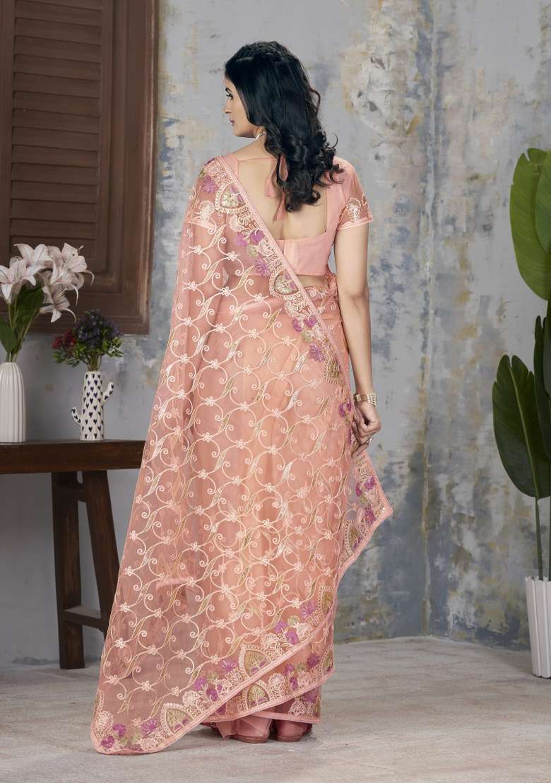 Peach Net Saree Set with Embroidered for Diwali | Wedding & Festive Wear - Indya