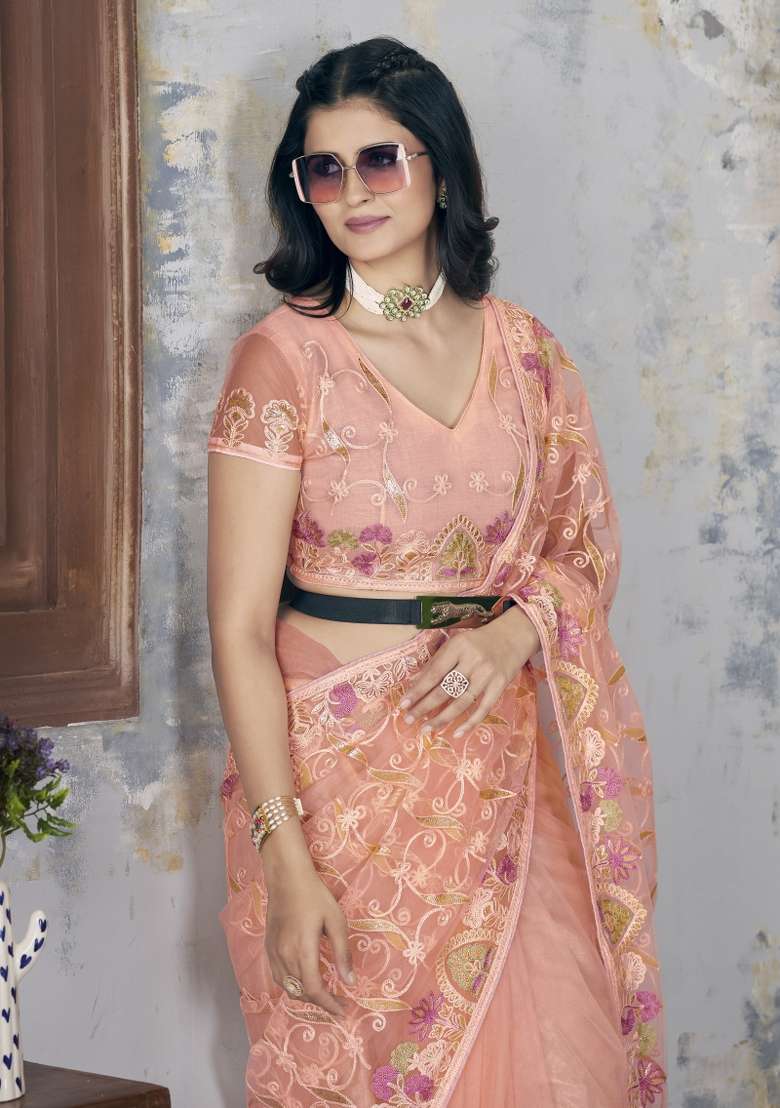 Peach Net Saree Set with Embroidered for Diwali | Wedding & Festive Wear - Indya