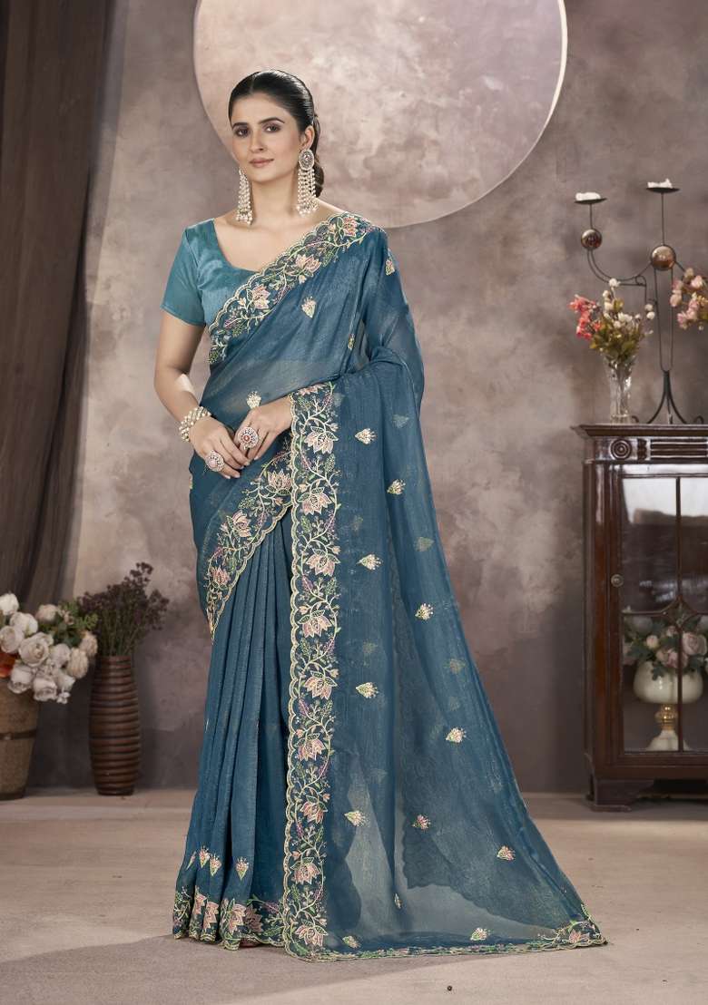 Purple Silk Blend Saree Set with Embroidered for Diwali | Wedding & Festive Wear - Indya