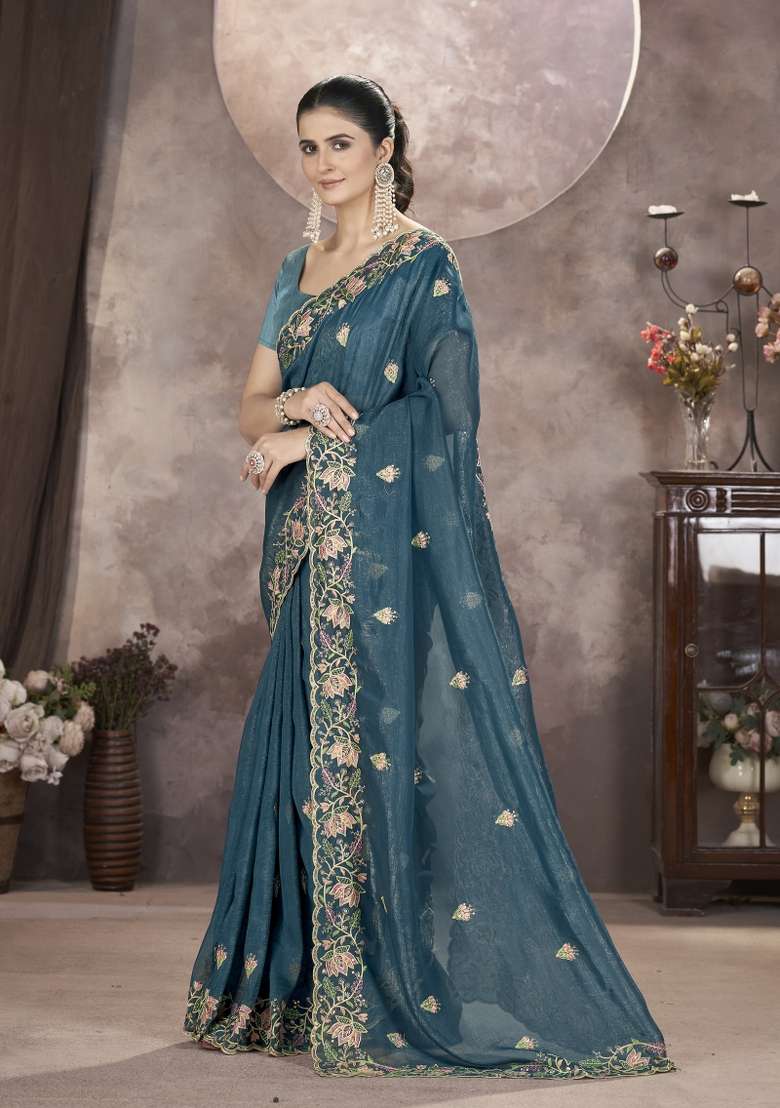 Purple Silk Blend Saree Set with Embroidered for Diwali | Wedding & Festive Wear - Indya