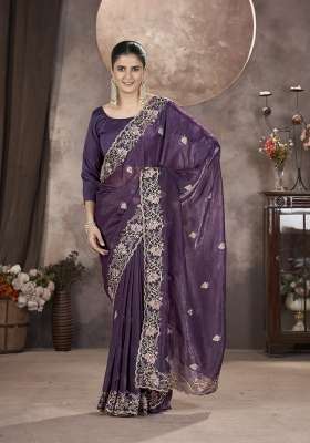 Teal Blue Embroidered Silk Blend Saree Set for Diwali and Festive Wear