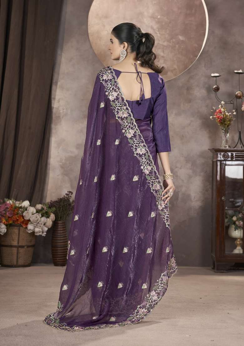 Teal Blue Embroidered Silk Blend Saree Set for Diwali and Festive Wear - Indya