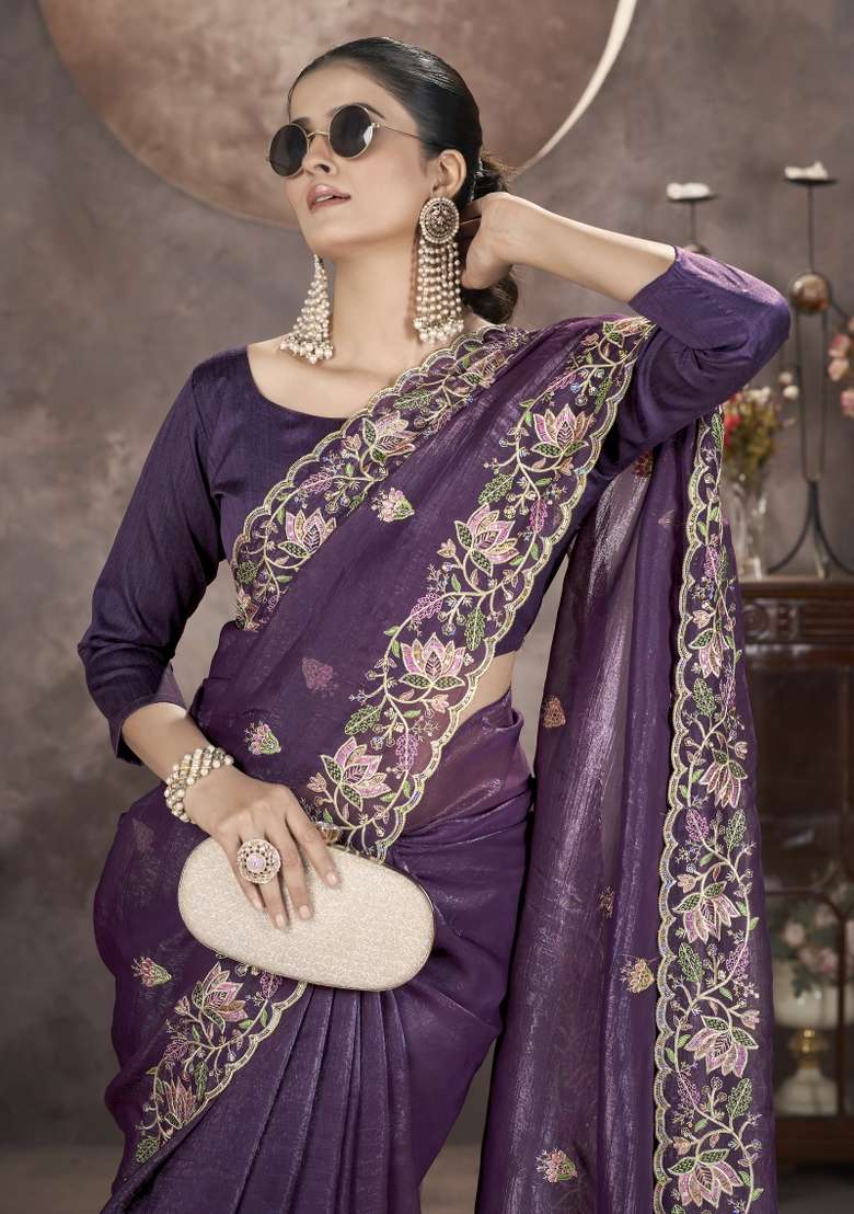 Teal Blue Embroidered Silk Blend Saree Set for Diwali and Festive Wear - Indya