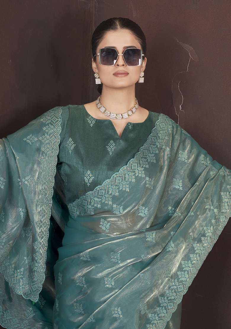 Teal Blue Silk Blend Saree Set with Embroidered for Diwali | Wedding & Festive Wear - Indya