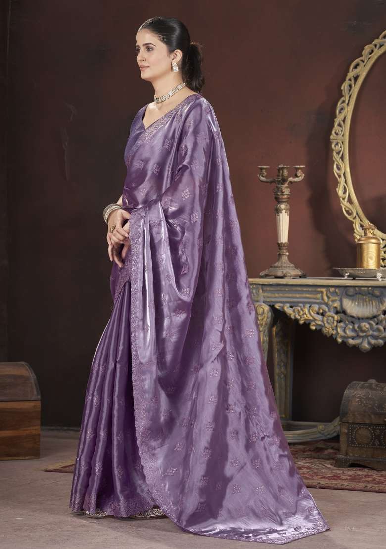 Lavender Silk Blend Saree Set with Embroidered for Diwali | Wedding & Festive Wear - Indya