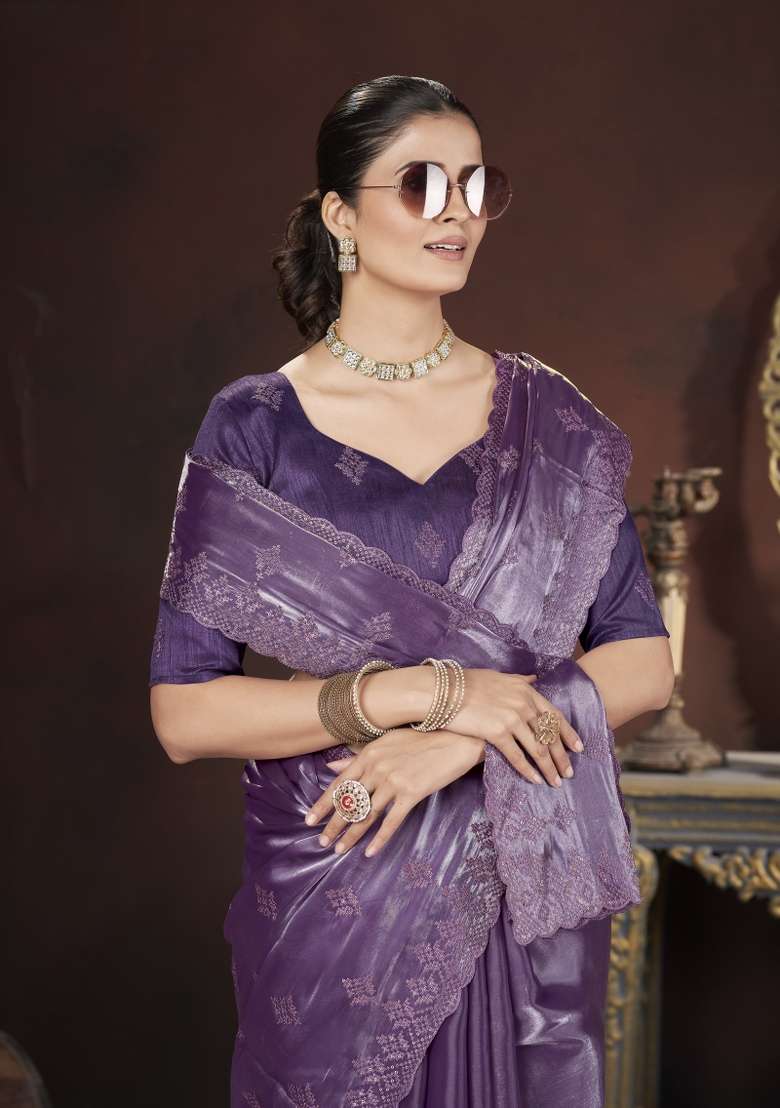 Lavender Silk Blend Saree Set with Embroidered for Diwali | Wedding & Festive Wear - Indya