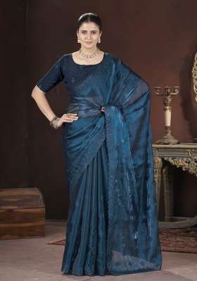 Peacock Blue Silk Blend Saree Set with Embroidered for Diwali | Wedding & Festive Wear