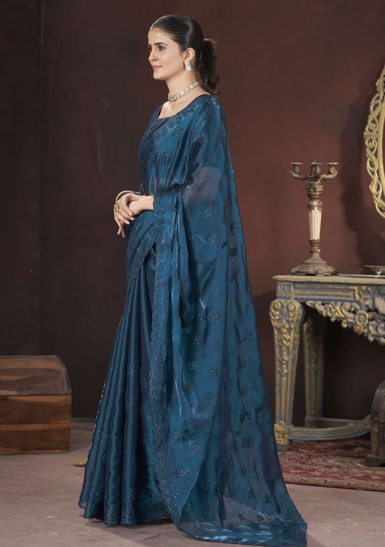 Peacock Blue Silk Blend Saree Set with Embroidered for Diwali | Wedding & Festive Wear - Indya