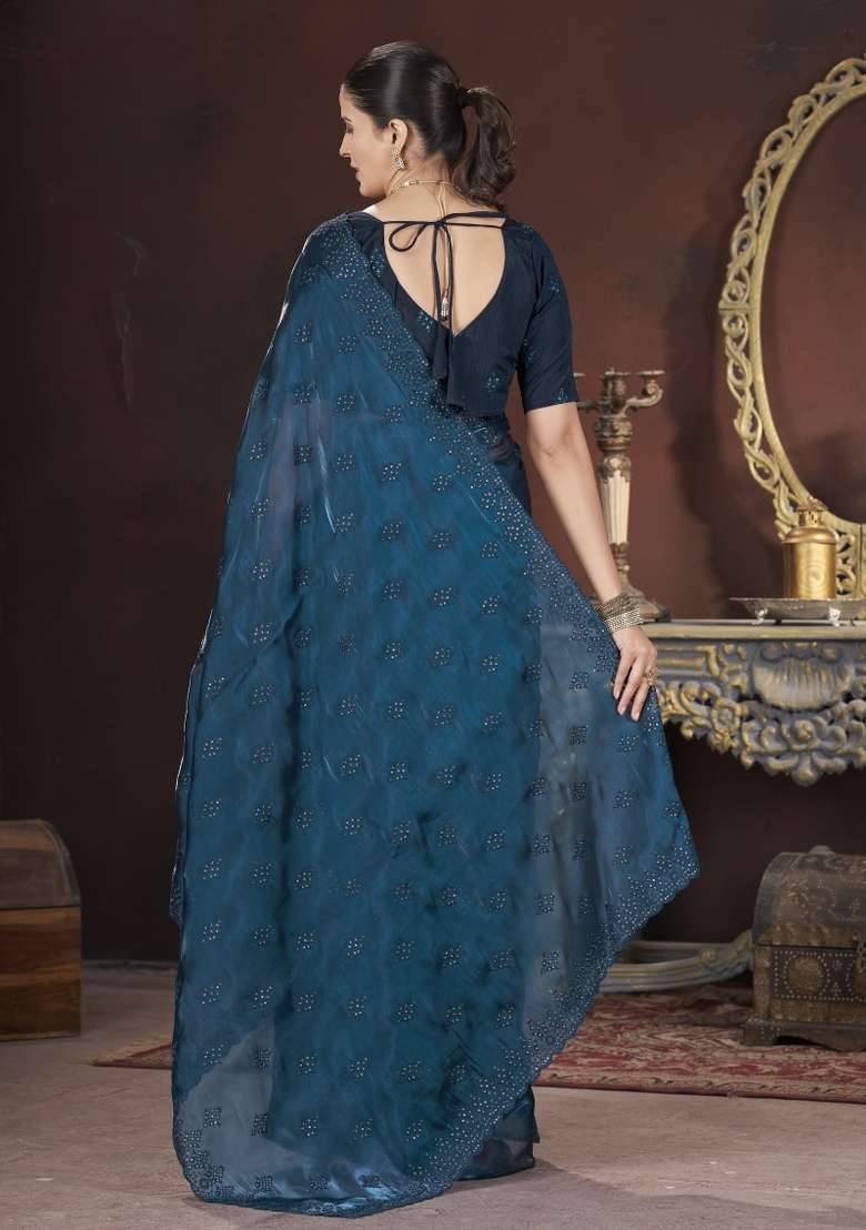 Peacock Blue Silk Blend Saree Set with Embroidered for Diwali | Wedding & Festive Wear - Indya