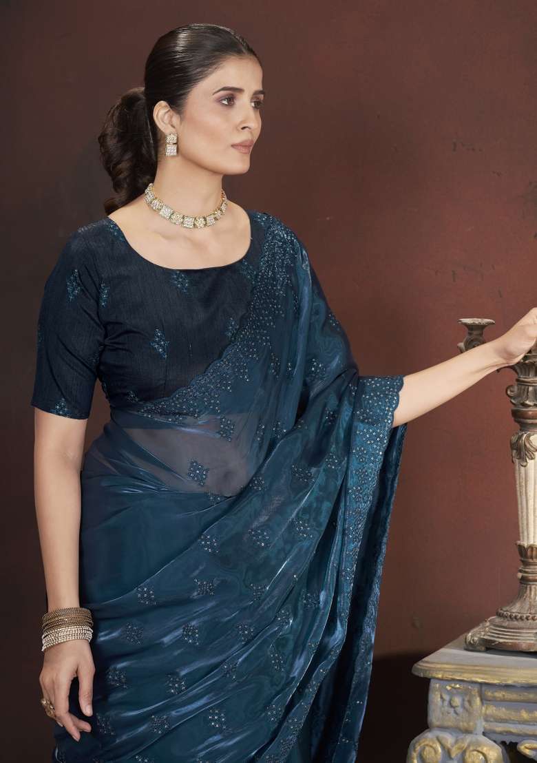 Peacock Blue Silk Blend Saree Set with Embroidered for Diwali | Wedding & Festive Wear - Indya