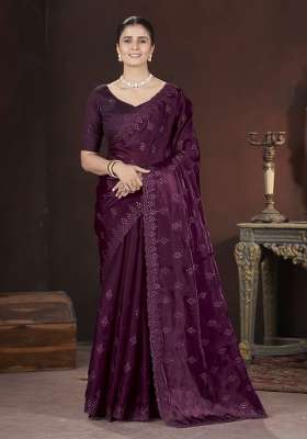 Wine Embroidered Silk Blend Saree Set for Diwali and Festive Wear